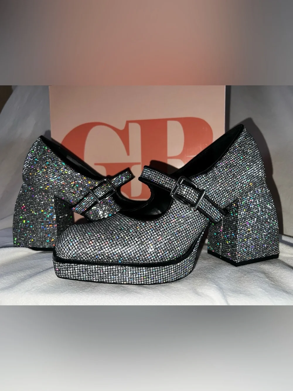 Gianni Bini Silver Crystal Mary Jane Platform Heels